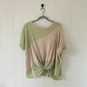 Cherish Two-Tone Knit Blouse - Green and Cream